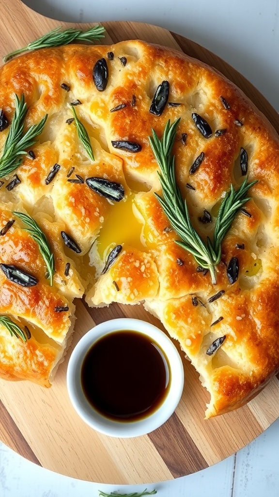 Herb Focaccia Bread for Brunch Golden brown focaccia bread topped with rosemary and thyme on a wooden board with dipping oils.